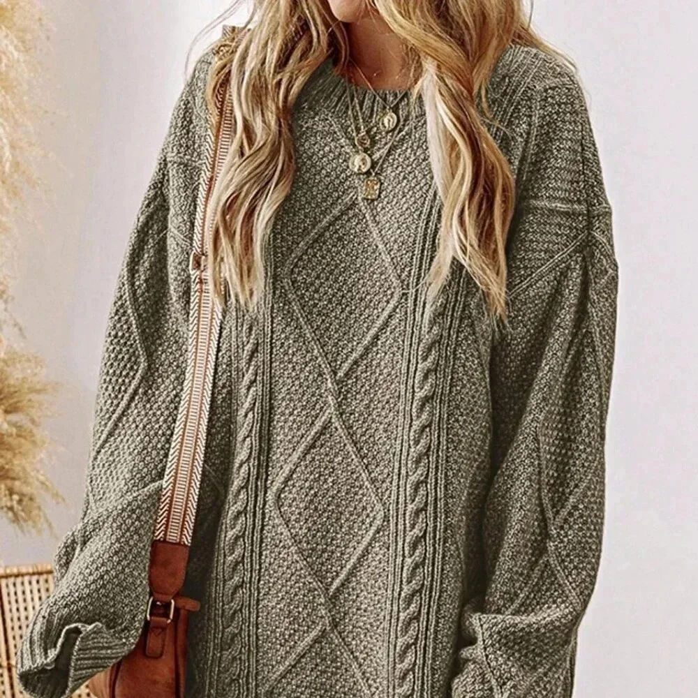 Green Casual Women's Cozy Cable Knit Drop Shoulder Loose Fit Sweater - Picture 3 of 4
